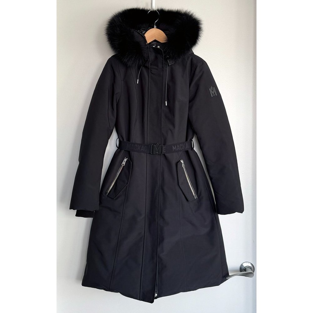 Mackage KAILYN flared down coat with blue fox fur hood, Black, Size XS